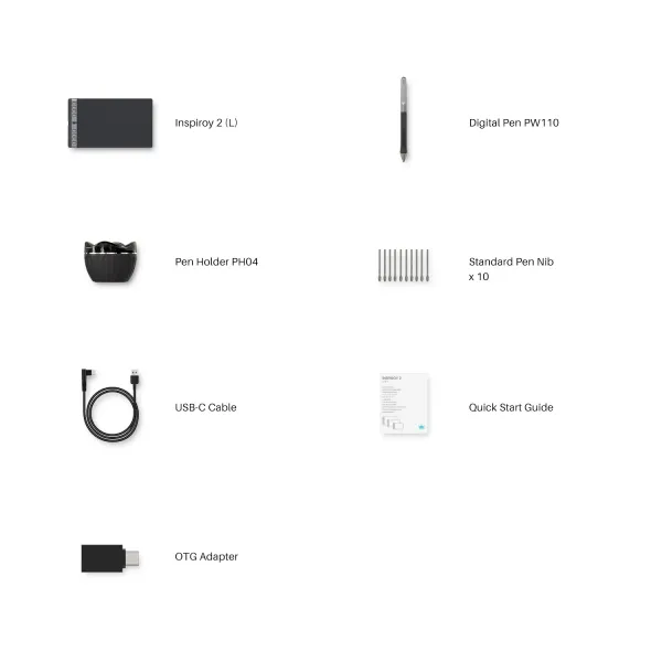 Huion inspiroy 2 L pen-tablet package content